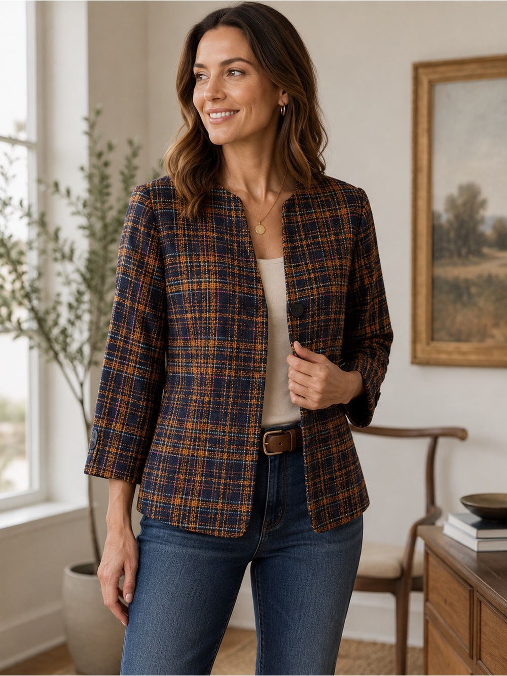 Origins Navy & Rust Plaid Tailored Blazer Size 12 Vintage Preppy Cottagecore